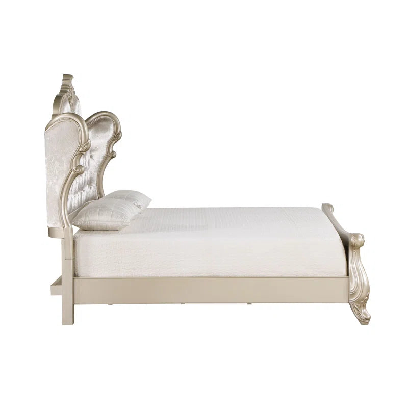 Monique Solid Wood Standard Bed with Upholstered Headboard in Champagne