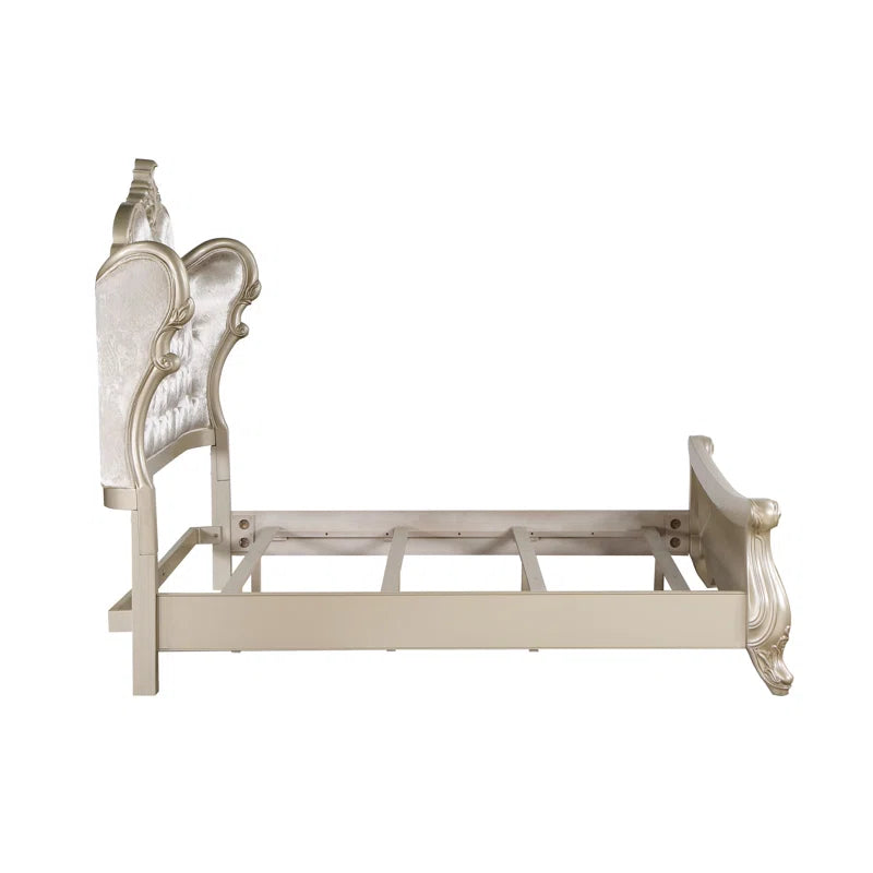 Monique Solid Wood Standard Bed with Upholstered Headboard in Champagne- OUCHCART | Bed