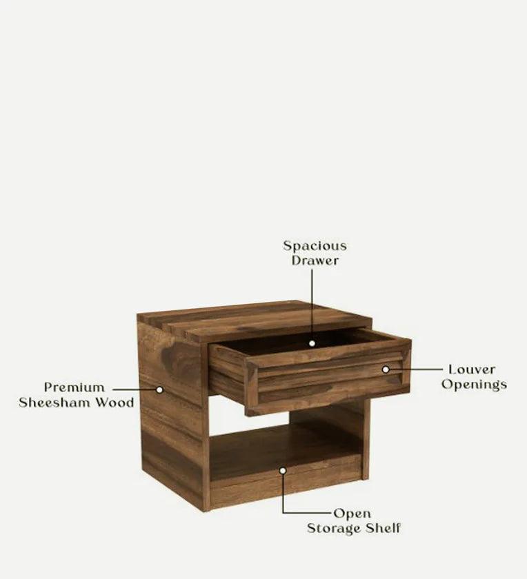 Sheesham Wood Bedside Table In Rustic Teak Finish With Drawer - Ouch Cart
