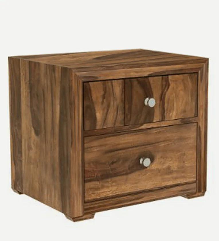 Sheesham Wood Bedside Table In Rustic Teak Finish With Drawers - Ouch Cart