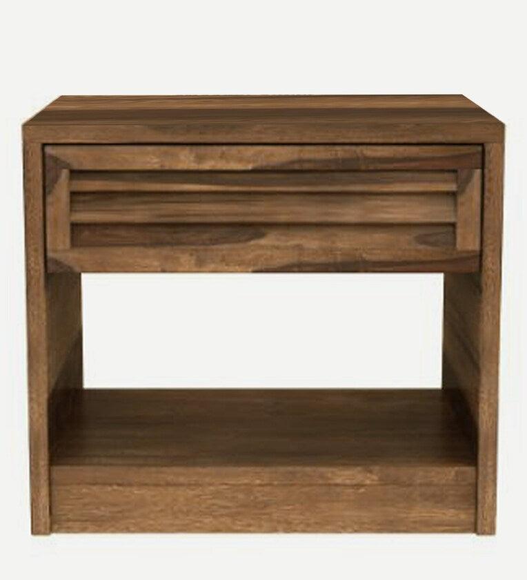 Sheesham Wood Bedside Table In Rustic Teak Finish With Drawer - Ouch Cart
