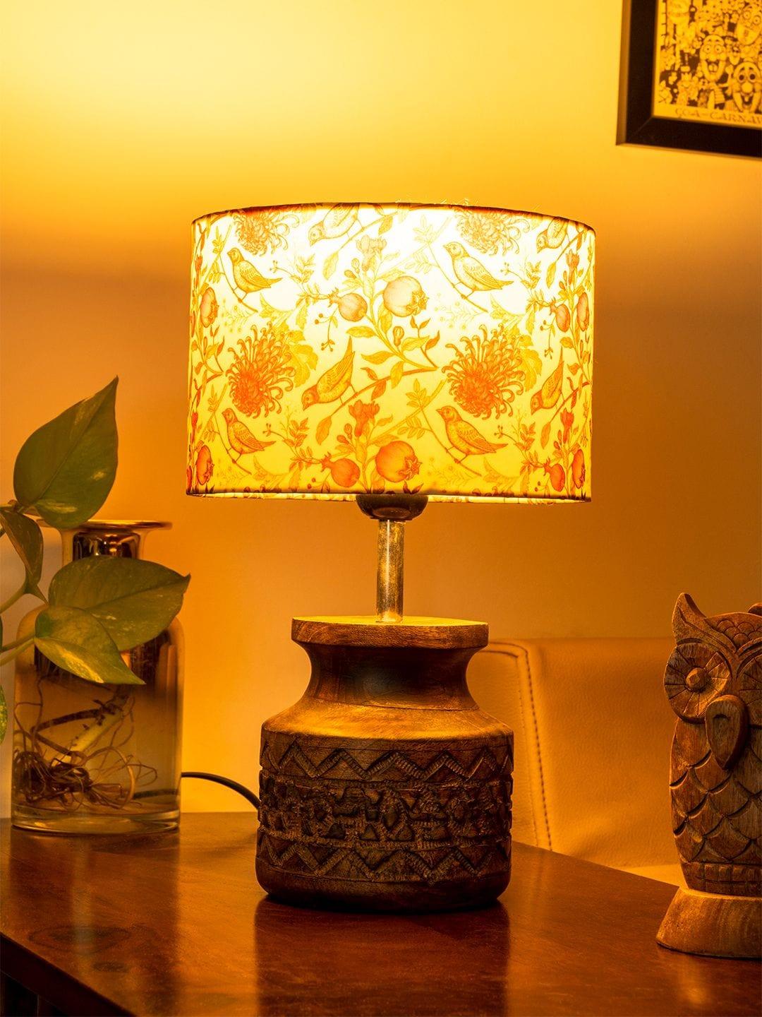 Wooden Carved Lamp with Birdy Multicolor Shade - Ouch Cart