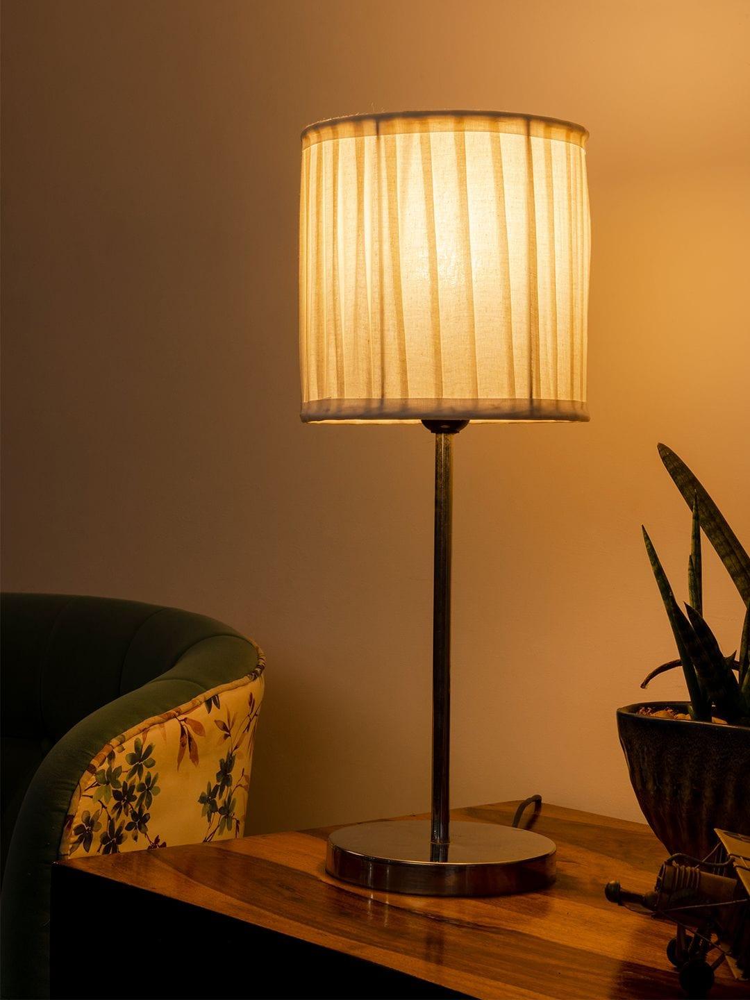 Metal Chrome Finish Lamp with Pleeted Cotton White Shade - Ouch Cart