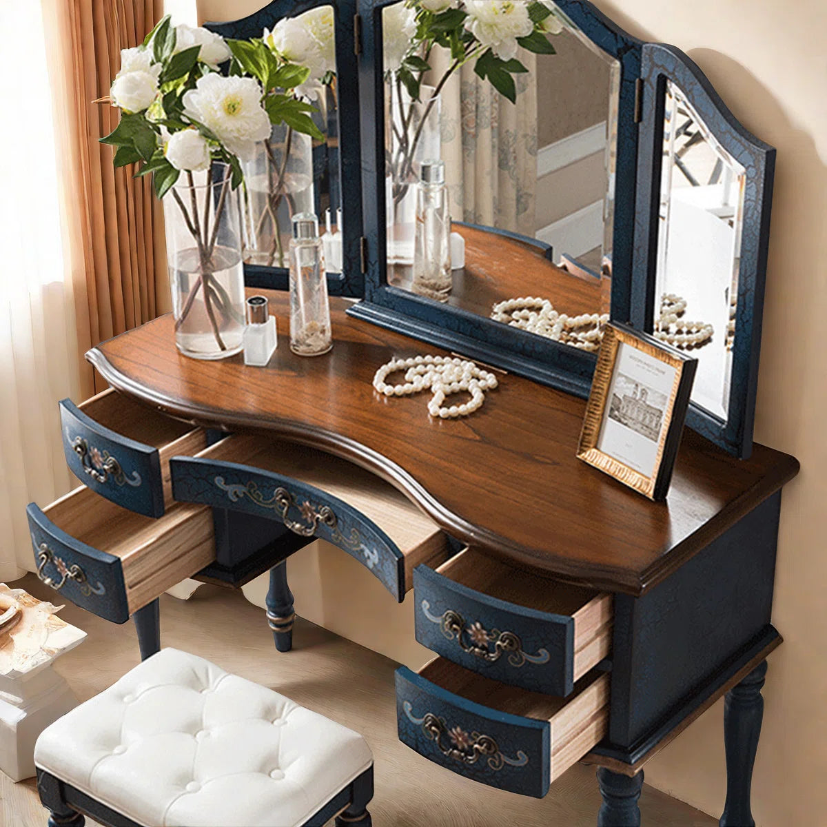 Solid Rubberwood Vanity Table with Tri-Fold Adjustable Mirror & Storage – Blue Finish