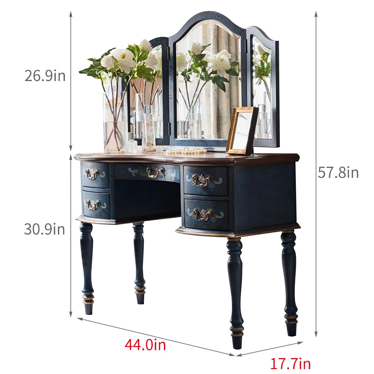 Solid Rubberwood Vanity Table with Tri-Fold Adjustable Mirror & Storage – Blue Finish