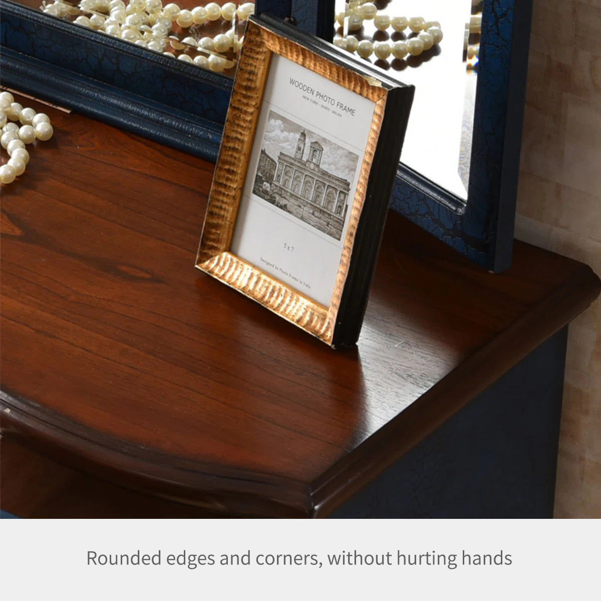 Solid Rubberwood Vanity Table with Tri-Fold Adjustable Mirror & Storage – Blue Finish