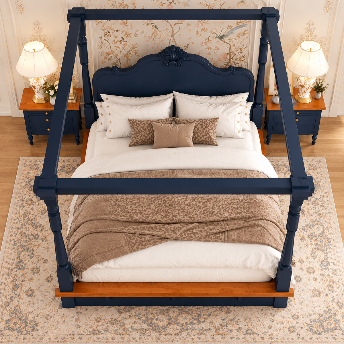 Navy Blue Wooden Four Poster Canopy Bed with Ornate Headboard | Luxury King Size Bedroom Bed Frame
