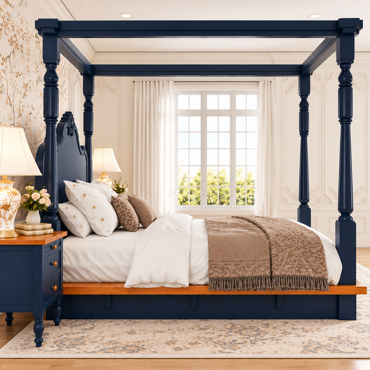 Navy Blue Wooden Four Poster Canopy Bed with Ornate Headboard | Luxury King Size Bedroom Bed Frame