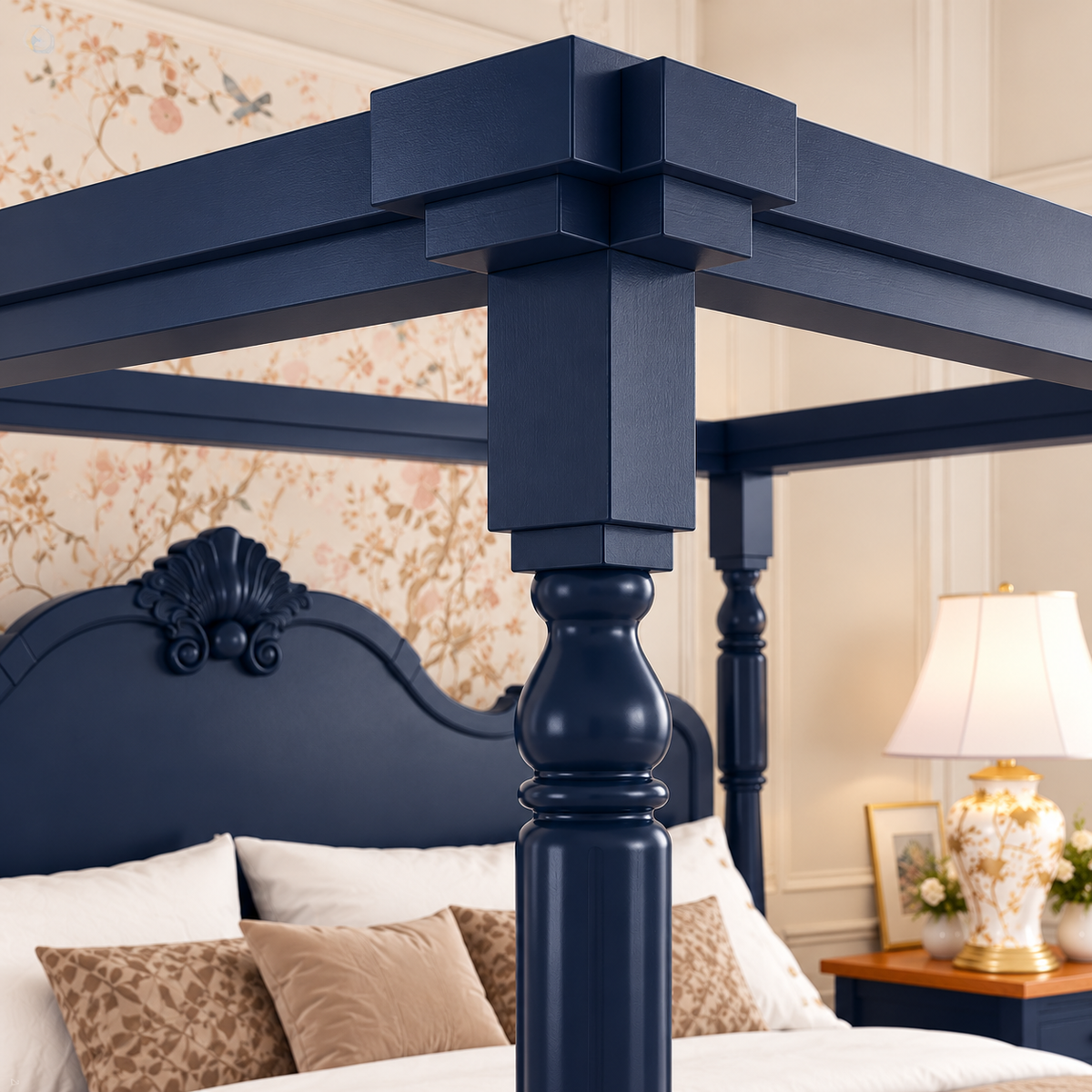 Navy Blue Wooden Four Poster Canopy Bed with Ornate Headboard | Luxury King Size Bedroom Bed Frame