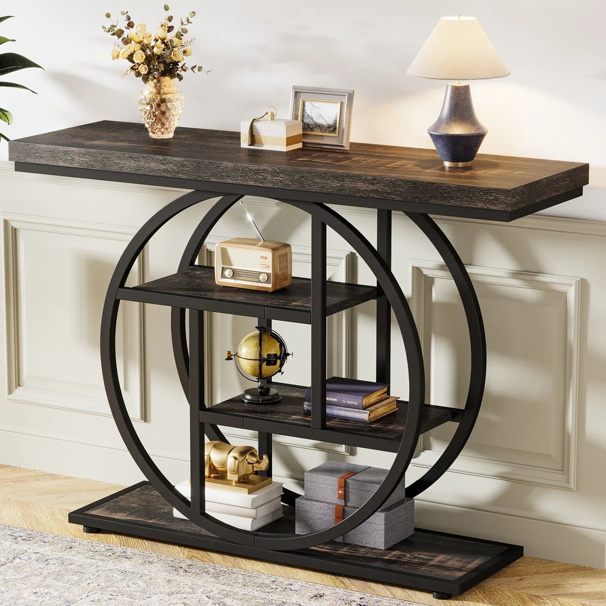 Console Table with Circle Base – 4-Tier Industrial Style