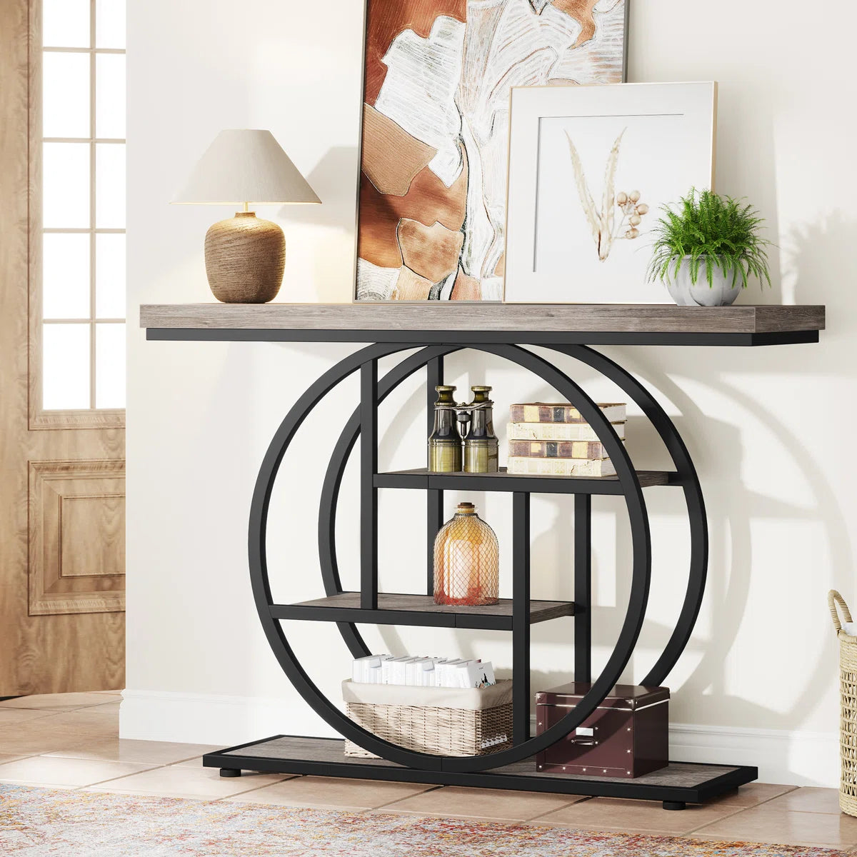 Console Table with Circle Base – 4-Tier Industrial Style