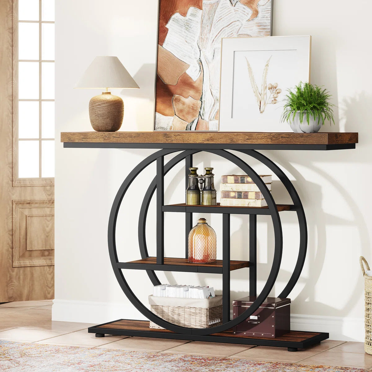 Console Table with Circle Base – 4-Tier Industrial Style