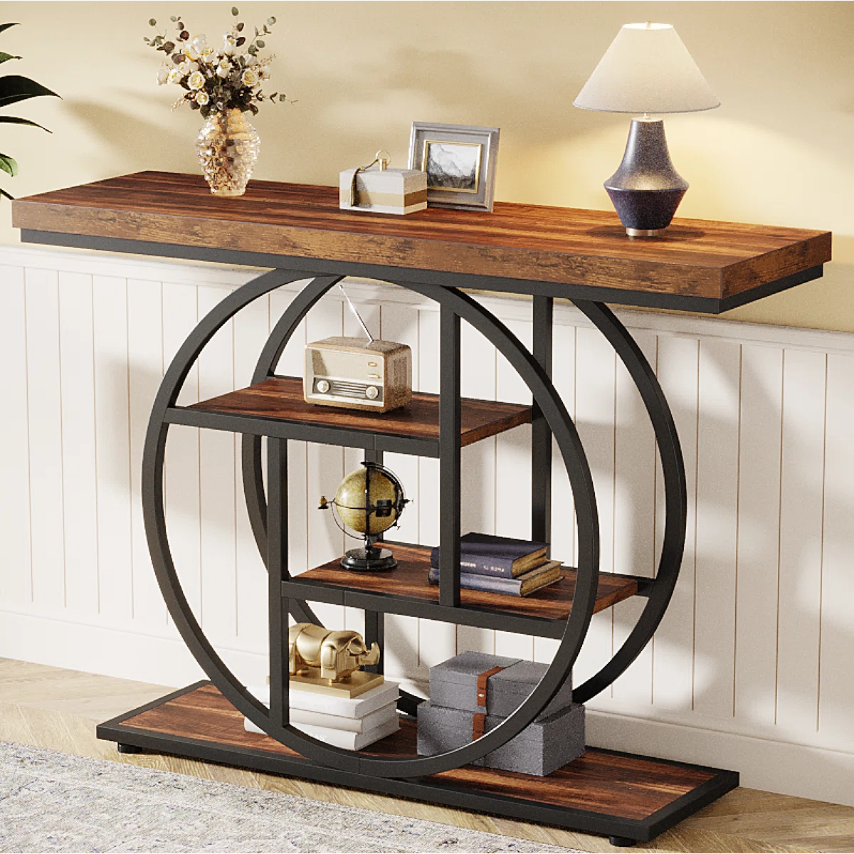 Console Table with Circle Base – 4-Tier Industrial Style