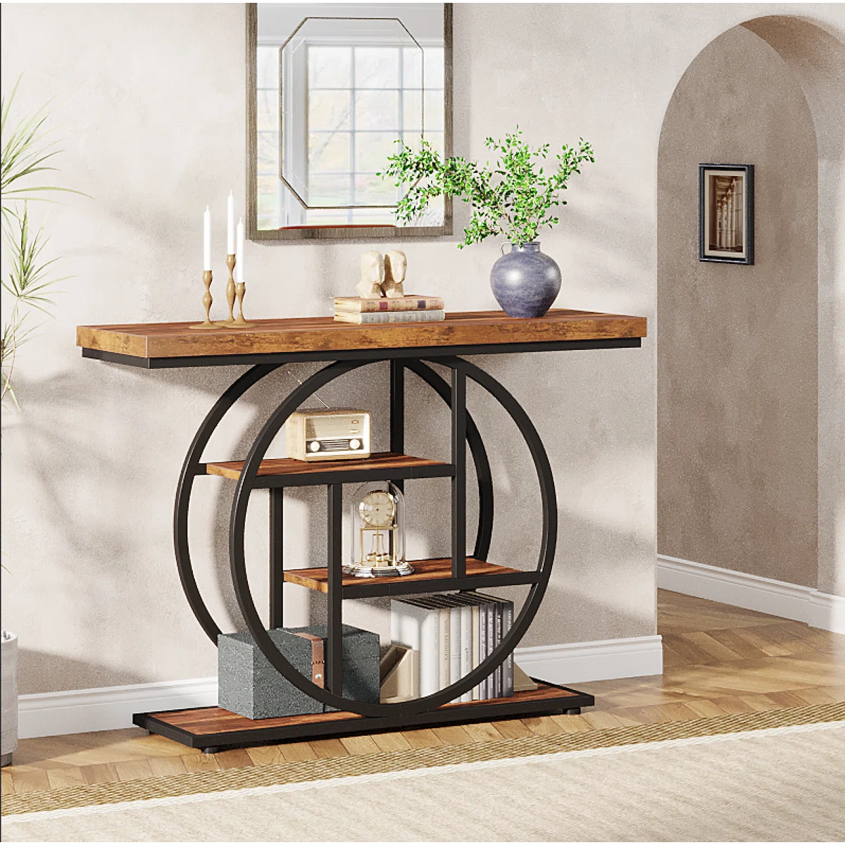 Console Table with Circle Base – 4-Tier Industrial Style