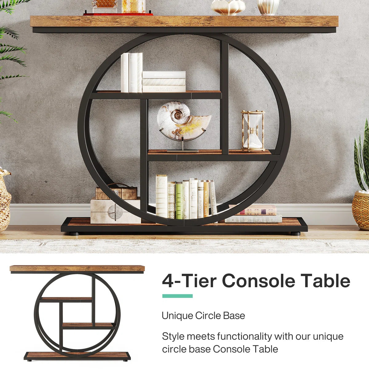 Console Table with Circle Base – 4-Tier Industrial Style
