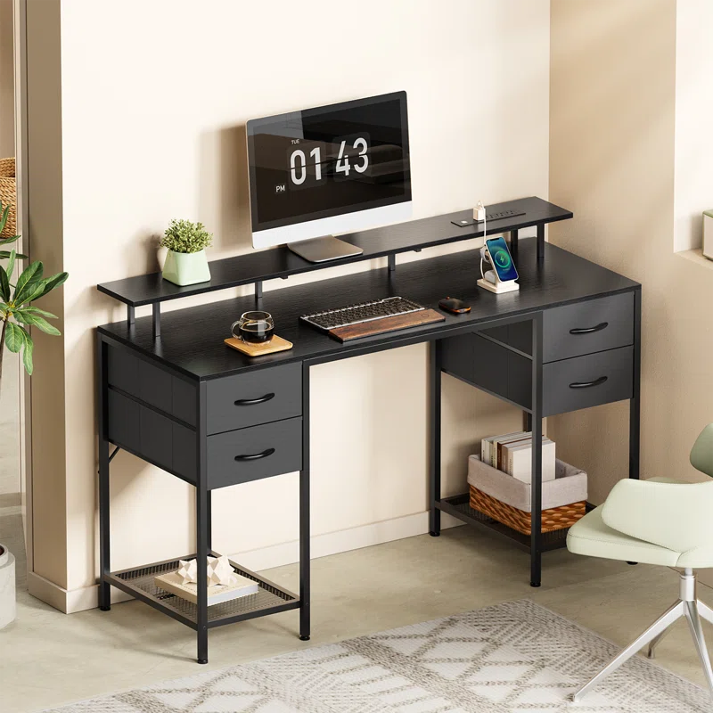 Desk with LED Lights, Computer Desk with Storage, Corner Desk with Drawers, Home Office Desk with Shelves, Writing Desk with 4 File Drawers, Gaming Desk with Power Outlets, Study Desk Ouch Cart