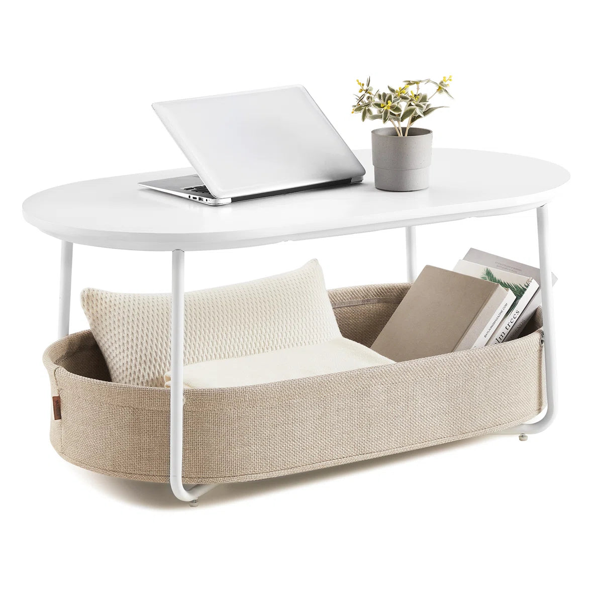 Neili Floor Shelf 39.4" W Coffee Table with Storage Fabric Basket OUCH CART