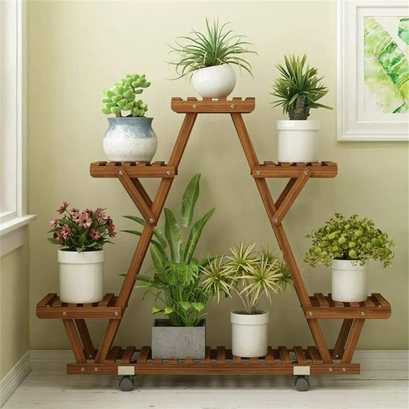 Nicholes Solid Wood Multi-Tier Plant Stand with Wheels