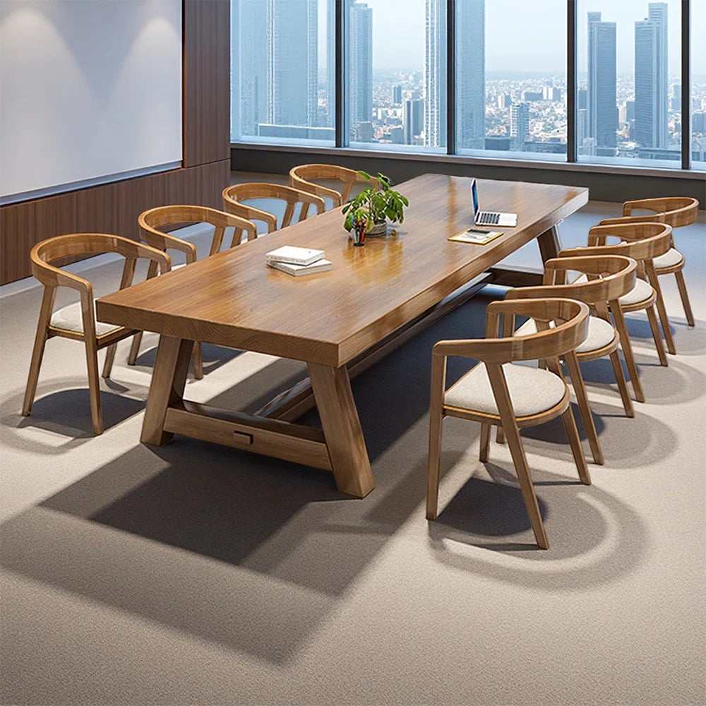 Nut-brown Rectangular Solid Wood Conference Table-OUCH CART