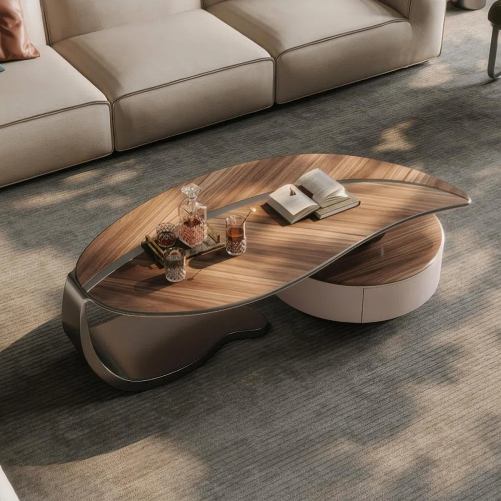 Modern Walnut Veneer Coffee Table with Storage Drawer & Stainless Steel Legs – Contemporary Living Room Center Table