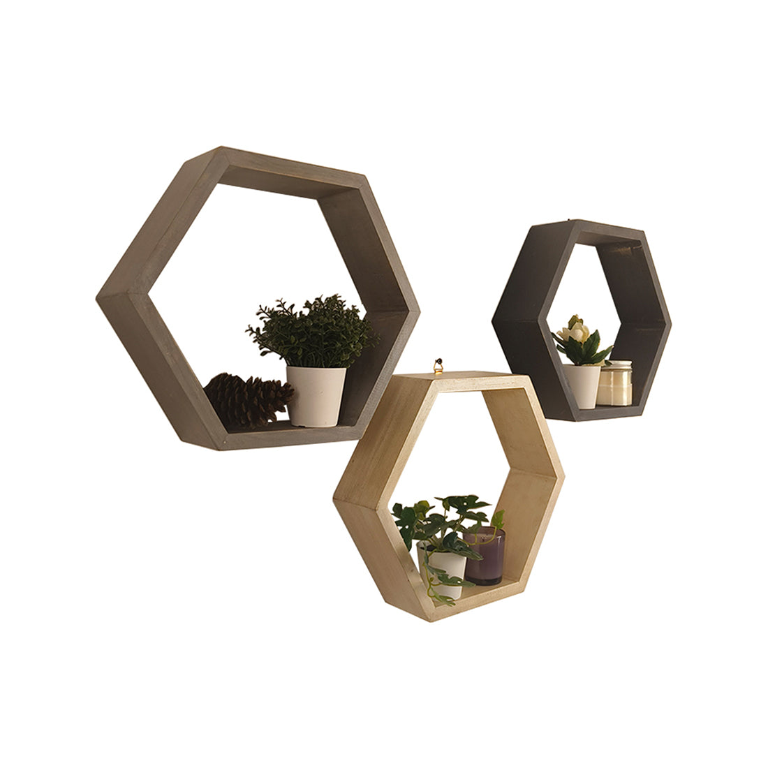 OLIVER III Hexagonal Shaped Set of 3 Wooden Wall Shelves - OUCH CART | Wall decor