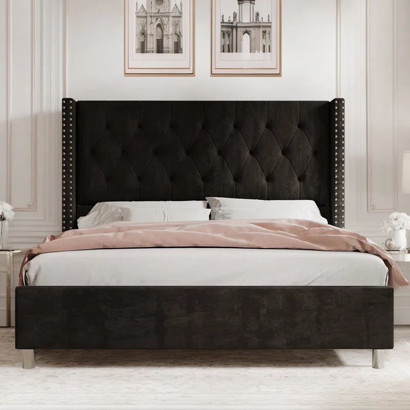 Occoquan Upholstered Wingback Bed with Tufted Linen and Adjustable Headboard