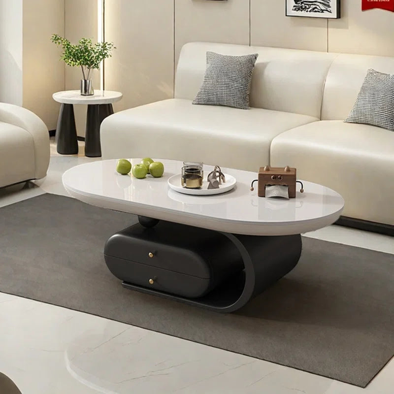 Rock Plate Coffee Table with Double Drawers – Modern Durable Center Table with Iron Base & Rounded Edges