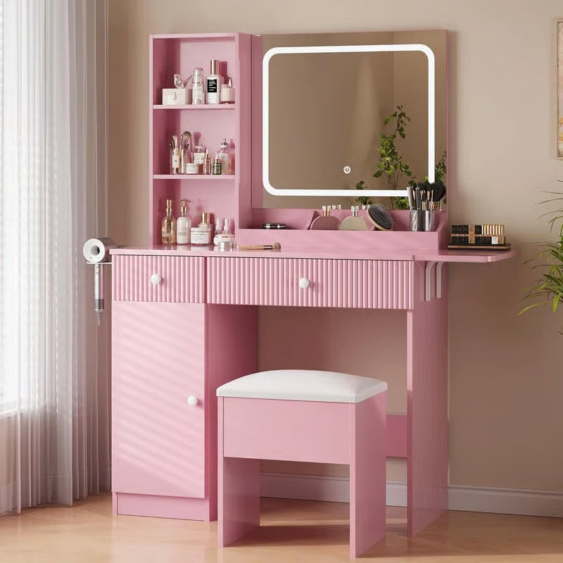 Makeup Vanity Desk w/ LED Lights & Power Outlets - 2 Drawers, Cabinet & Stool - Dressing Table with Charging Station-OUCH CART |Dressing table