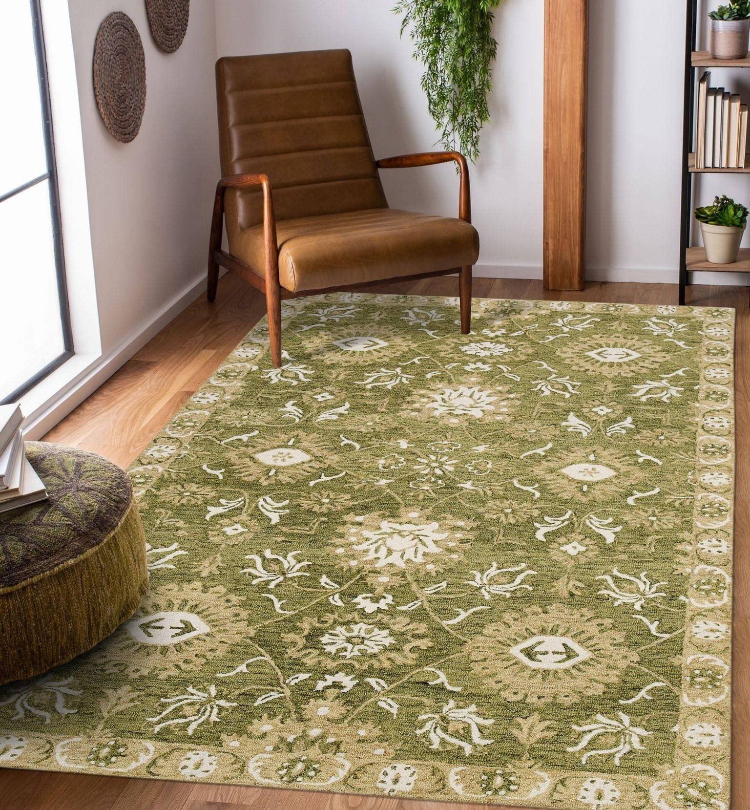 Olive Green Wool Romania 8X10 Feet Hand-Tufted Carpet - Rug - Ouch Cart