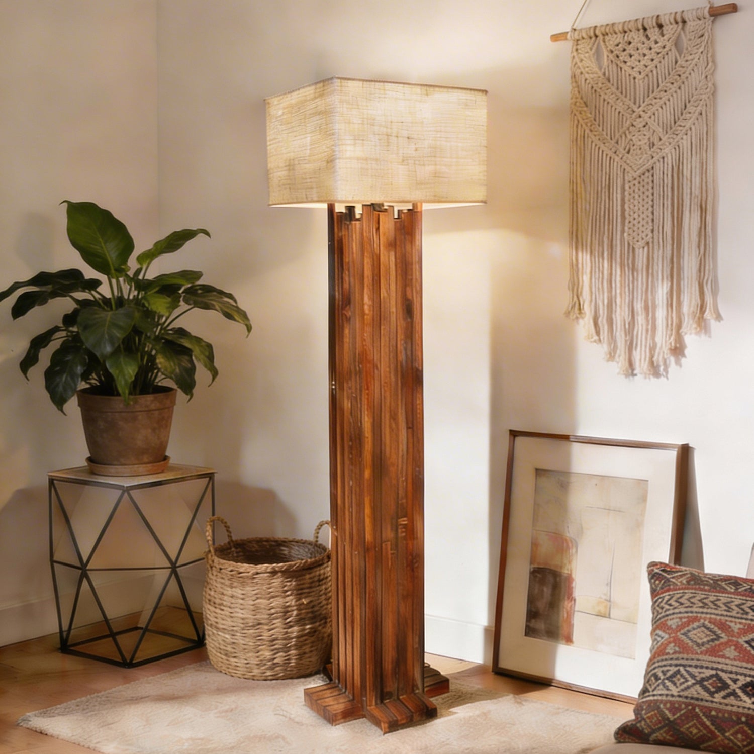 Palisade Wooden Floor Lamp with Premium Beige Fabric Lampshade (BULB NOT INCLUDED)