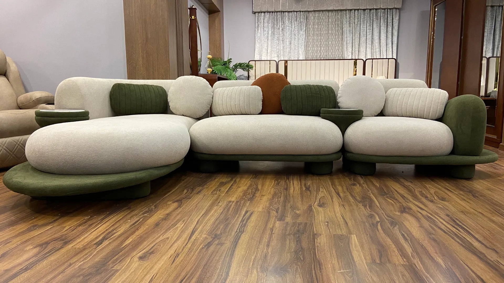 157" Curved Modular Bouclé Sofa with Side Tables