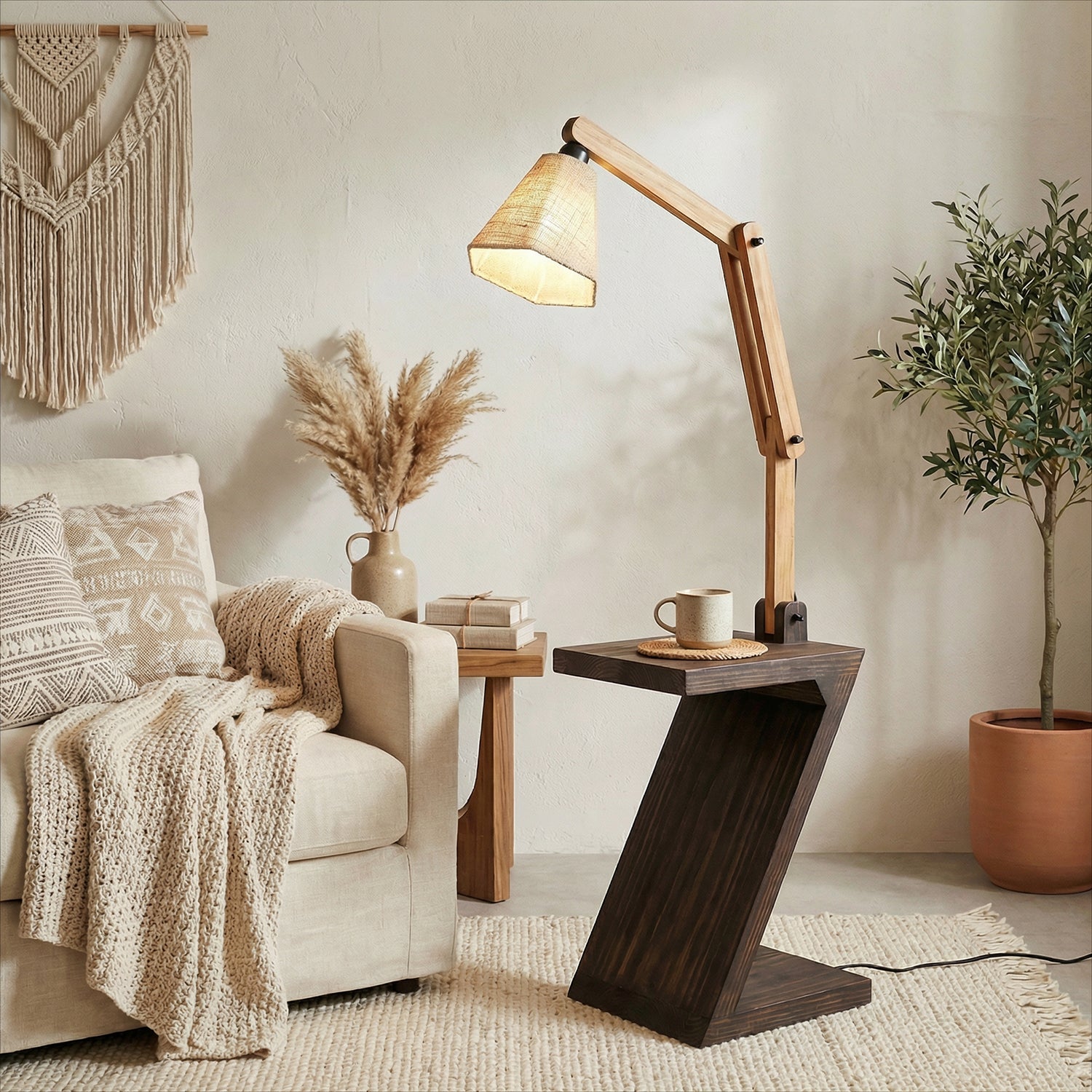 Patrice Wooden Floor Lamp with Brown Base and Jute Fabric Lampshade (BULB NOT INCLUDED)