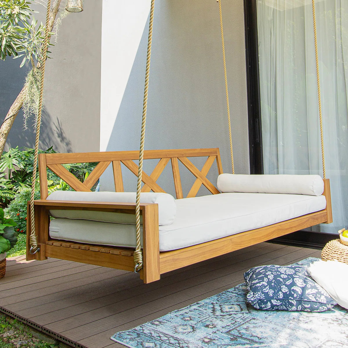 Ouch Cart Teak Wood Porch Swing Bed with Cushions – Farmhouse Outdoor Hanging Patio Swing, 3-Seater OUCH CART