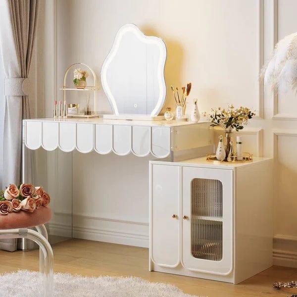 Elzbieta Vanity Dressing Table With Mirror & Stool Vanity Desk with, 2 Drawers, Makeup Vanity Table Set with Lights, Dressing Table for Women Girls - Ouch Cart