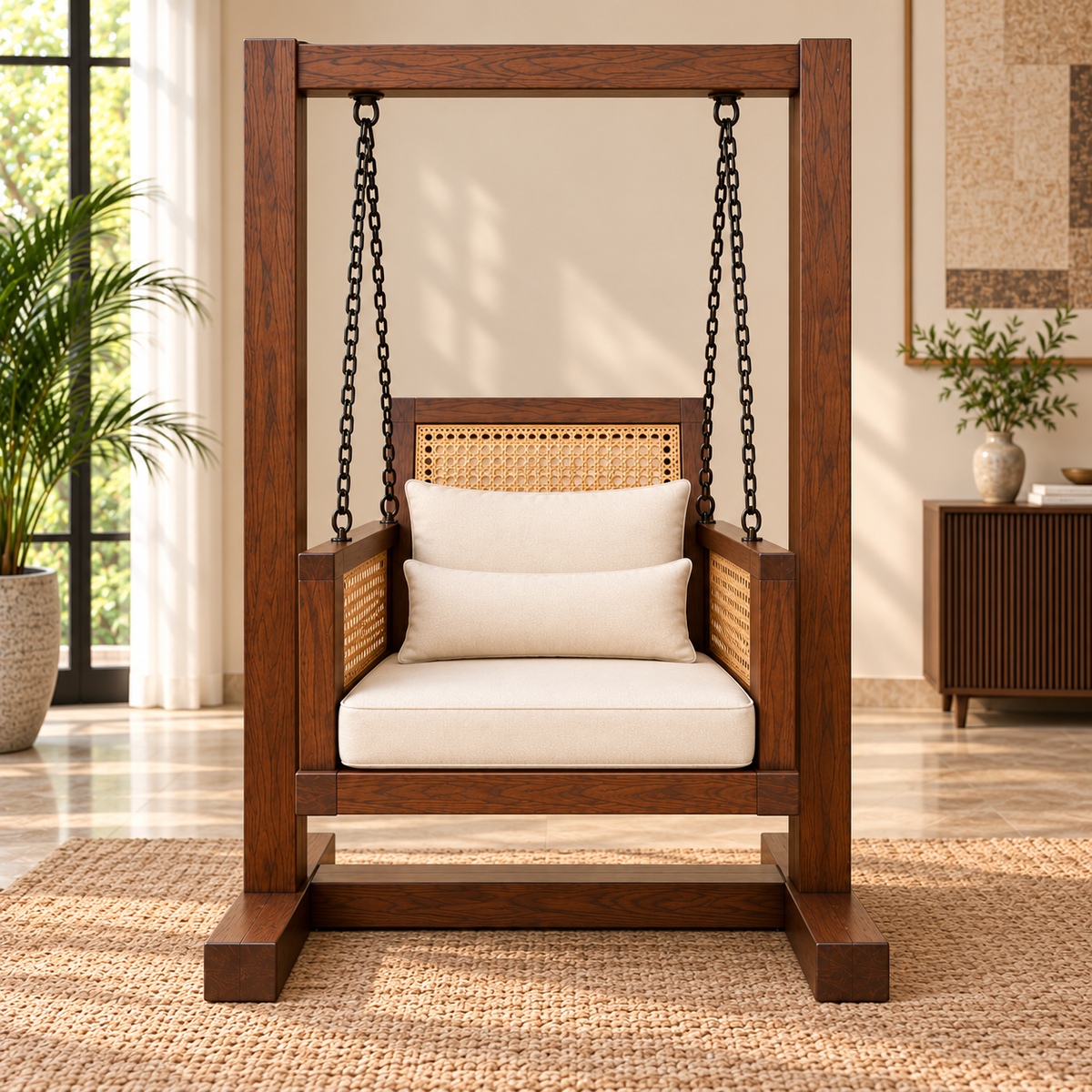 Premium Solid Wood Swing Chair with Cane Back & Cream Cushions OUCH CART