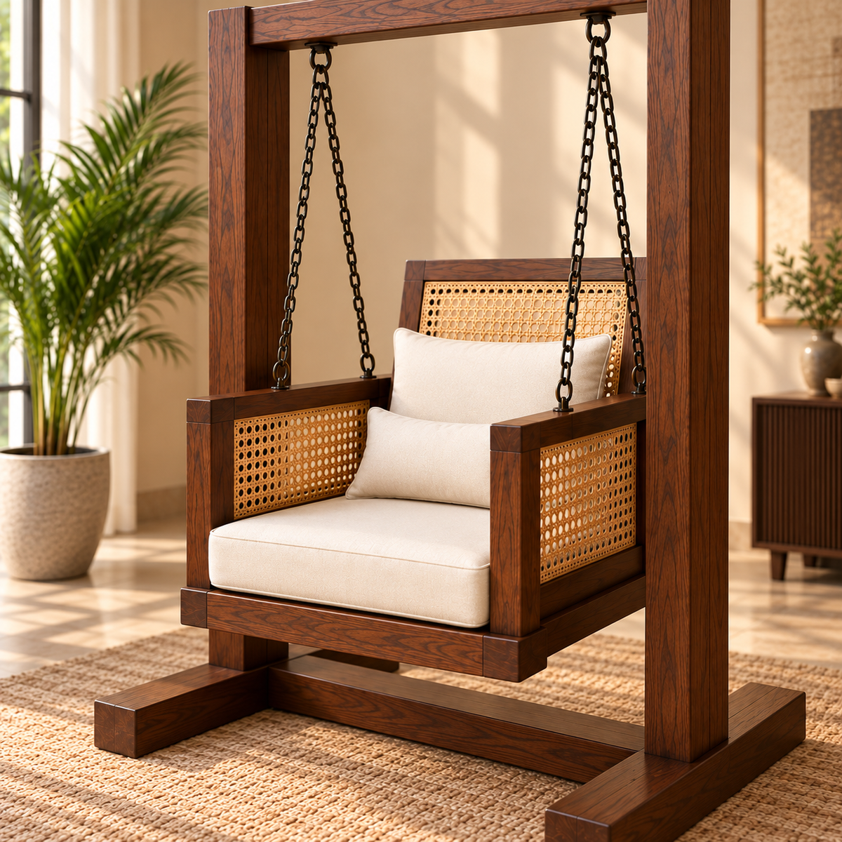 Premium Solid Wood Swing Chair with Cane Back & Cream Cushions OUCH CART