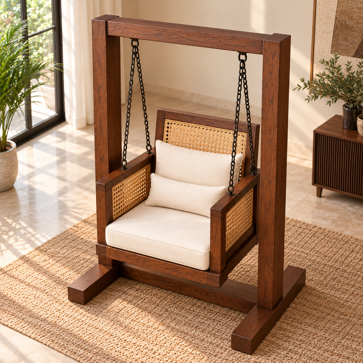 Premium Solid Wood Swing Chair with Cane Back & Cream Cushions OUCH CART