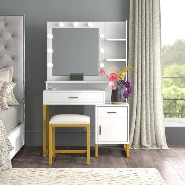 Leon dressing table design with mirror, with stool, with drawers, Makeup Vanity Desk with Light Mirror, Makeup Table with Stool and 3 Drawers, White - Ouch Cart