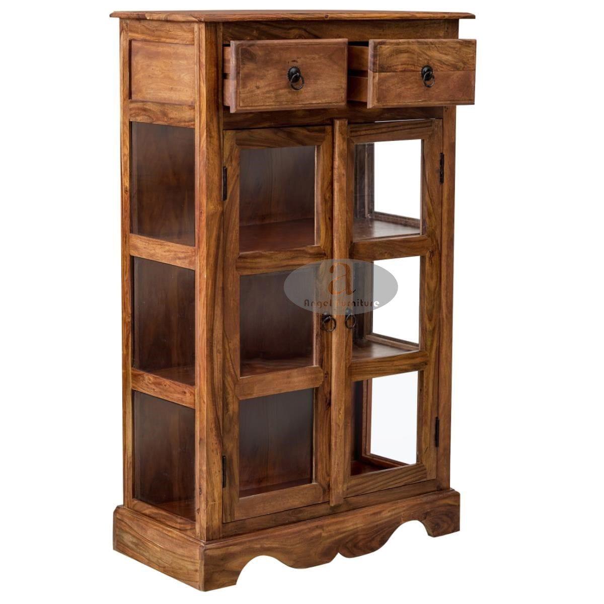 Sheesham Wood Two Drawer Crockery Cabinet Medium In Honey Finish - Ouch Cart