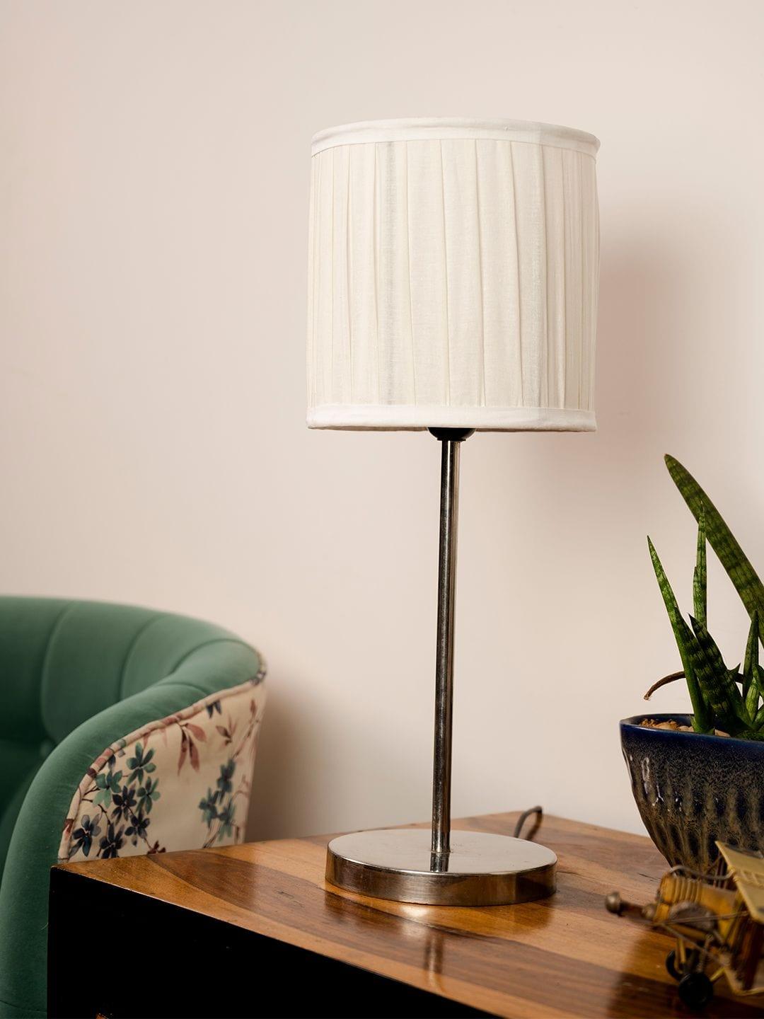 Metal Chrome Finish Lamp with Pleeted Cotton White Shade - Ouch Cart