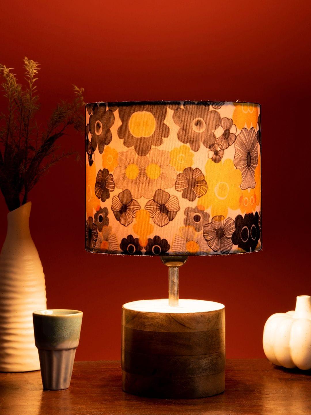 Wooden Brown Log Table Lamp with Lotus Floral Shade - Ouch Cart