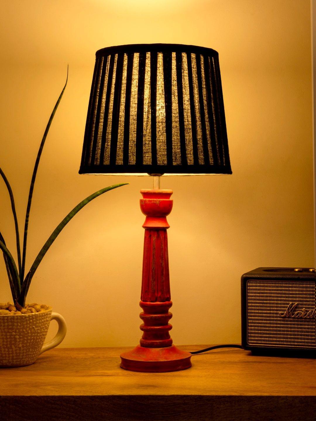 Wooden Pillar Pink lamp with pleeted Black Soft Shade - Ouch Cart
