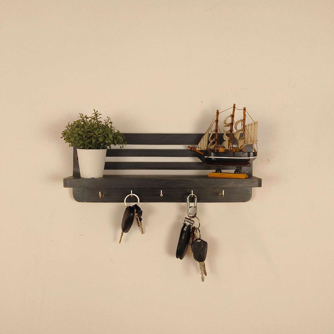 REGUS Wooden Wall Shelf Organiser with Key Holders- OUCH CART | Wall hanging