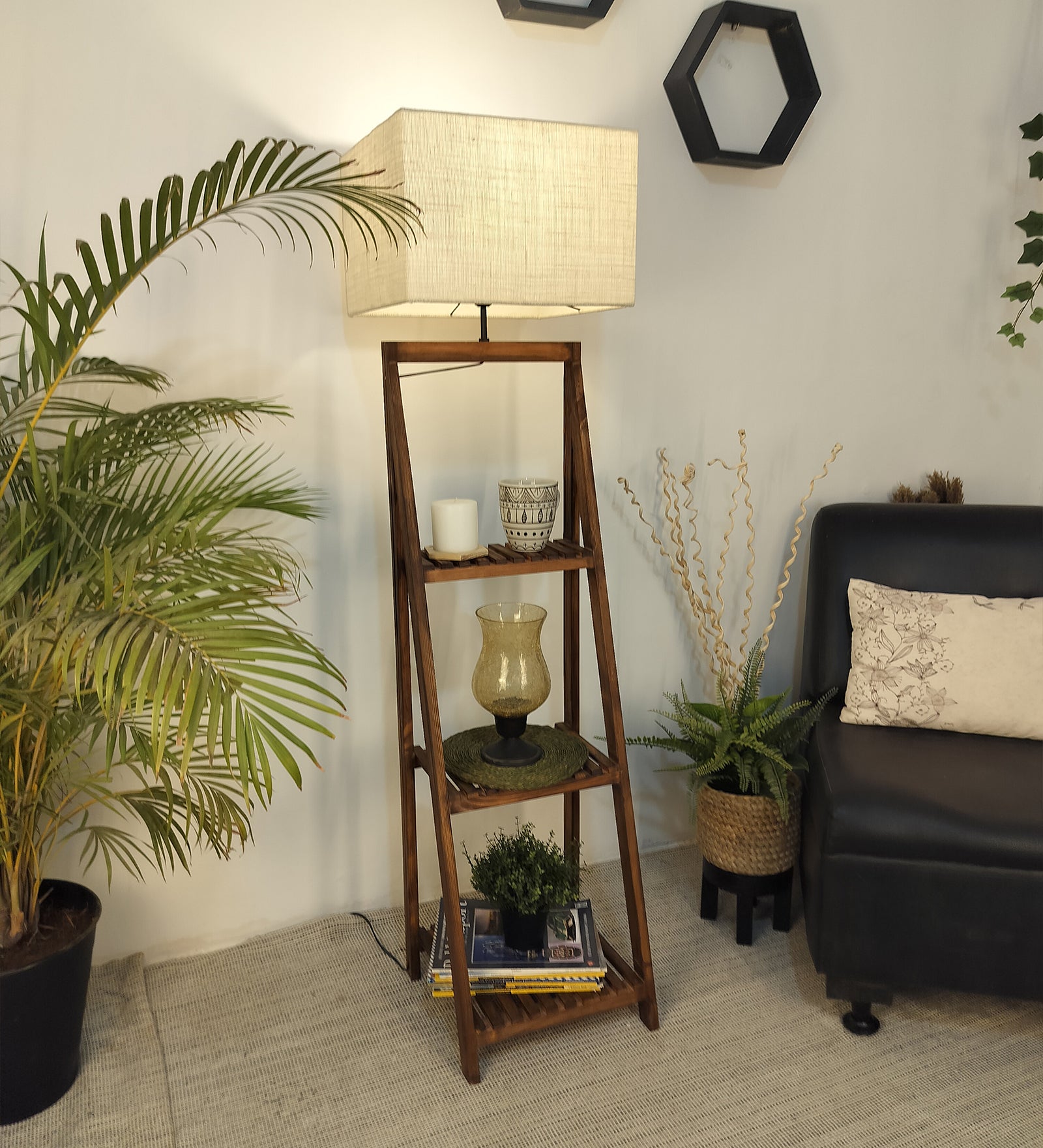 Raphael Wooden Floor Lamp with Brown Base and Jute Fabric Lampshade (BULB NOT INCLUDED)