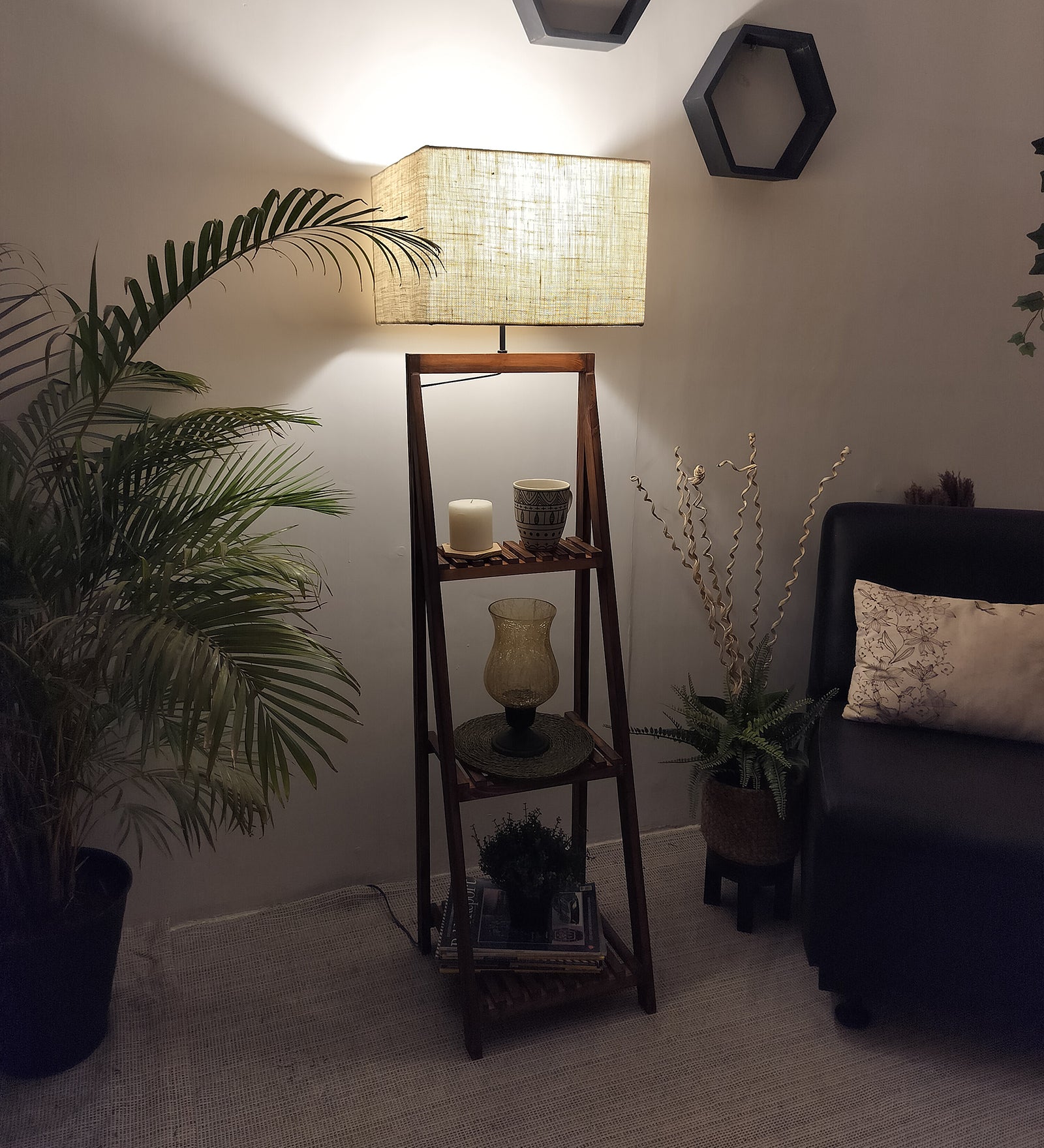 Raphael Wooden Floor Lamp with Brown Base and Jute Fabric Lampshade (BULB NOT INCLUDED)