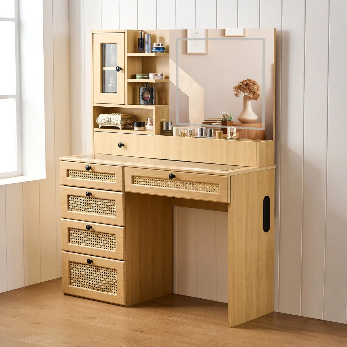 Wooden Rattan Makeup Vanity – LED Mirror with 3 Light Modes, 6 Drawers & Charging Port  -OUCH CART|Dressing table
