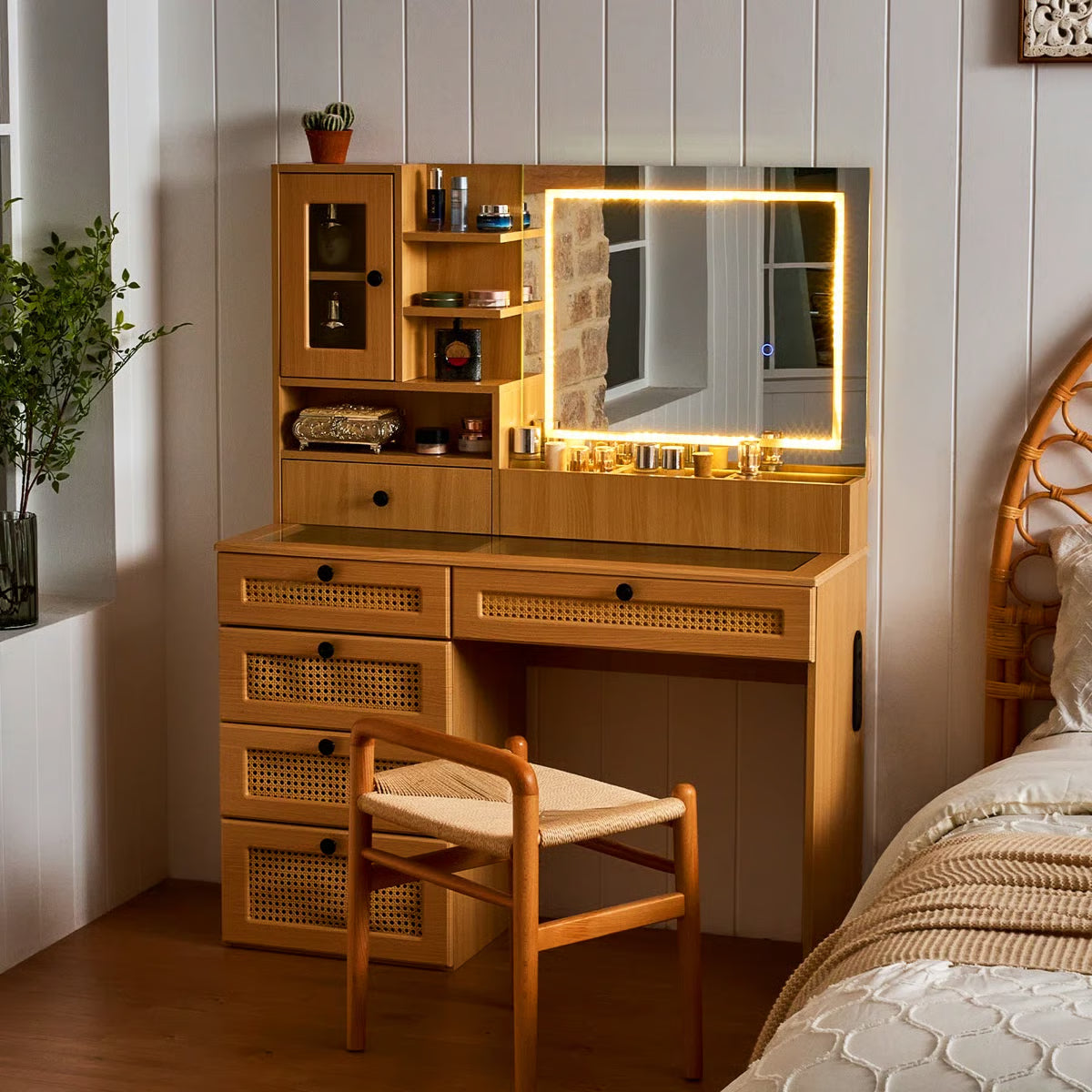 Wooden Rattan Makeup Vanity โ LED Mirror with 3 Light Modes, 6 Drawers & Charging Port -OUCH CART|Dressing table