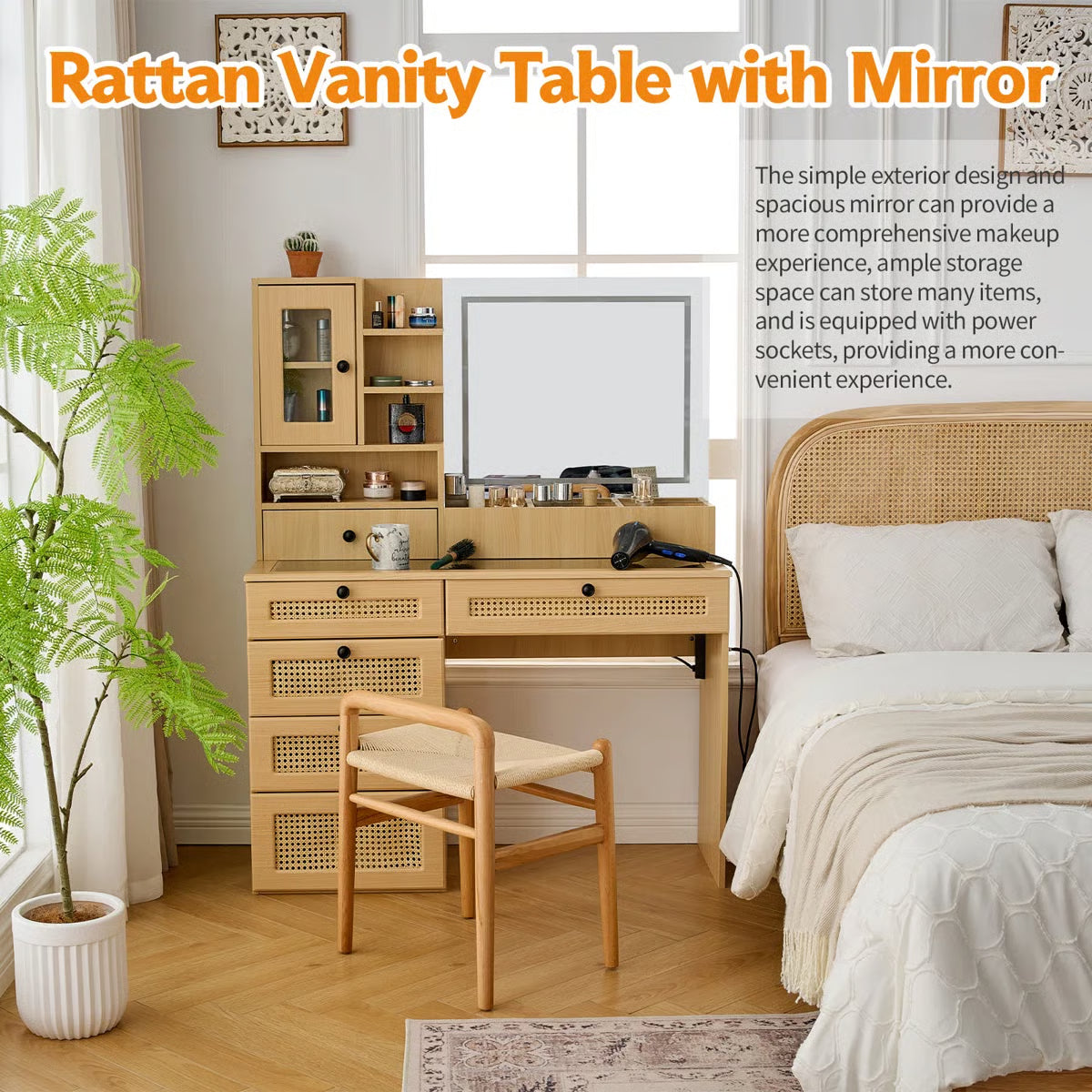 Wooden Rattan Makeup Vanity – LED Mirror with 3 Light Modes, 6 Drawers & Charging Port