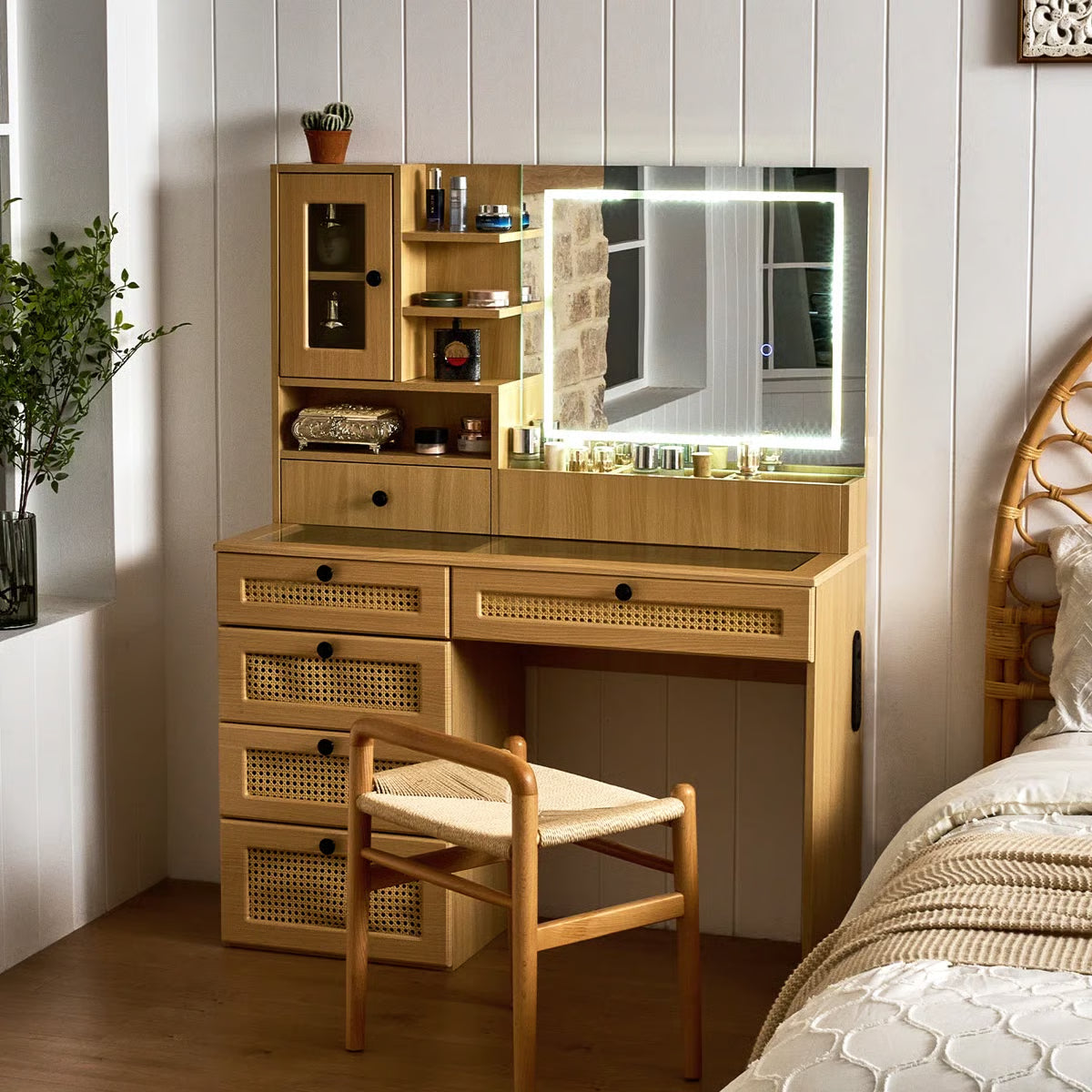 Wooden Rattan Makeup Vanity – LED Mirror with 3 Light Modes, 6 Drawers & Charging Port