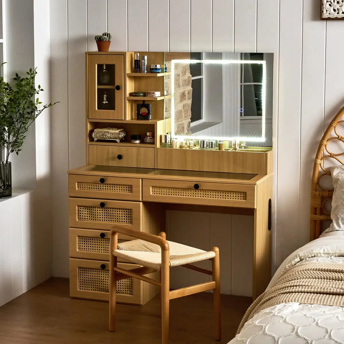 Wooden Rattan Makeup Vanity, 6 Drawers & Charging Port